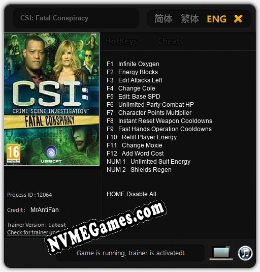 Treinador liberado para CSI: Fatal Conspiracy [v1.0.7]