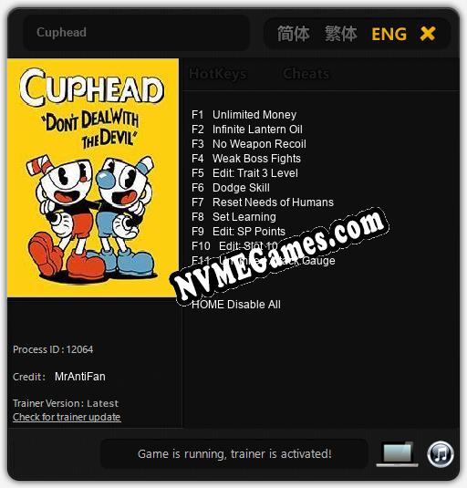 Treinador liberado para Cuphead [v1.0.7]