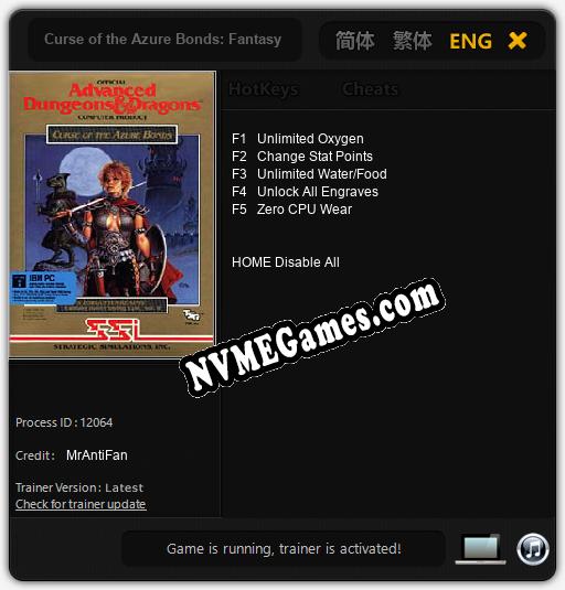 Treinador liberado para Curse of the Azure Bonds: Fantasy Role-Playing Epic Vol. II [v1.0.8]