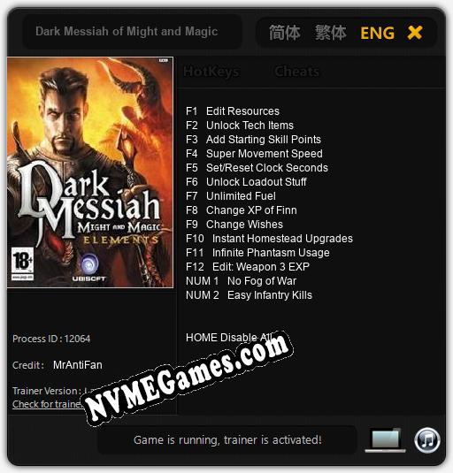 Treinador liberado para Dark Messiah of Might and Magic [v1.0.8]