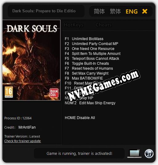 Treinador liberado para Dark Souls: Prepare to Die Edition [v1.0.8]