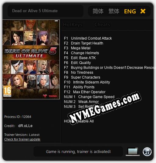 Treinador liberado para Dead or Alive 5 Ultimate [v1.0.6]