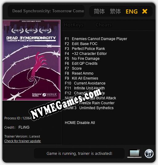 Treinador liberado para Dead Synchronicity: Tomorrow Comes Today [v1.0.6]