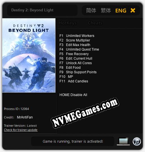 Treinador liberado para Destiny 2: Beyond Light [v1.0.9]