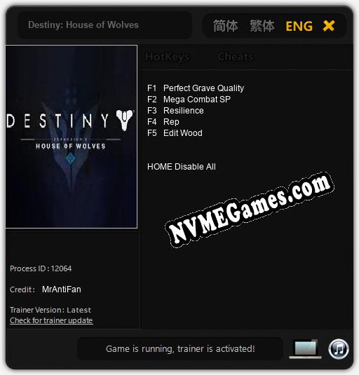 Treinador liberado para Destiny: House of Wolves [v1.0.9]