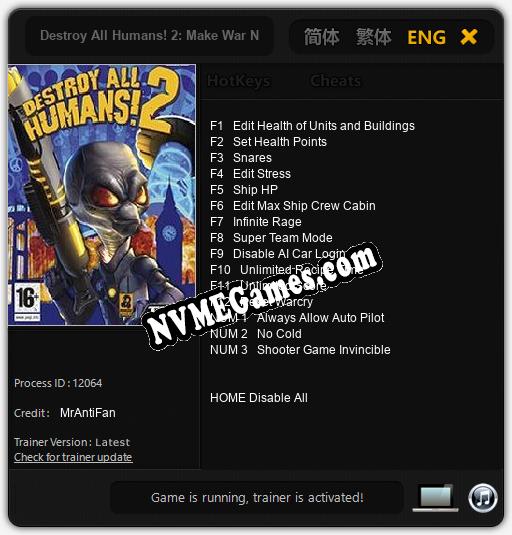 Destroy All Humans! 2: Make War Not Love: Trainer +15 [v1.3]