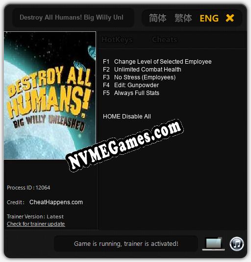 Treinador liberado para Destroy All Humans! Big Willy Unleashed [v1.0.4]