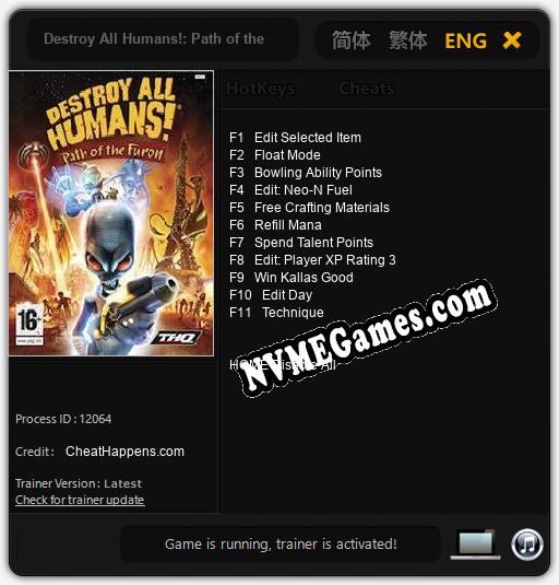 Treinador liberado para Destroy All Humans!: Path of the Furon [v1.0.8]