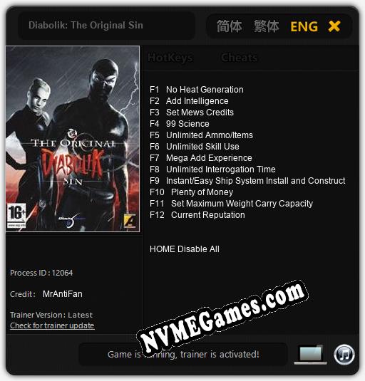 Treinador liberado para Diabolik: The Original Sin [v1.0.7]