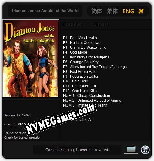 Treinador liberado para Diamon Jones: Amulet of the World [v1.0.7]