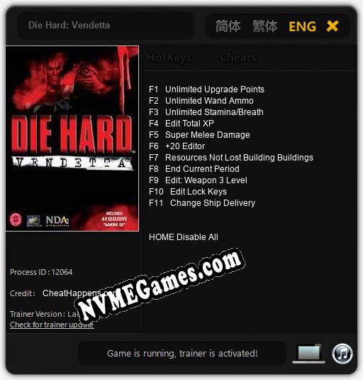 Die Hard: Vendetta: Trainer +11 [v1.9]