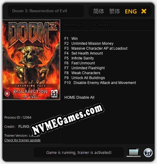 Doom 3: Resurrection of Evil: Trainer +10 [v1.4]