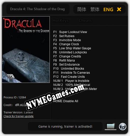 Treinador liberado para Dracula 4: The Shadow of the Dragon [v1.0.6]