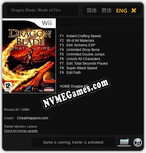 Treinador liberado para Dragon Blade: Wrath of Fire [v1.0.6]