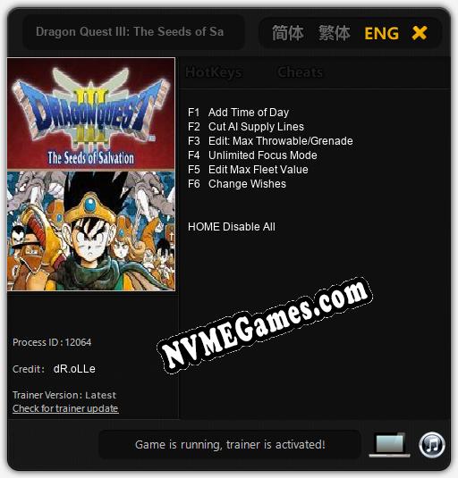 Dragon Quest III: The Seeds of Salvation: Treinador (V1.0.15)