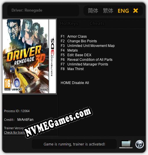 Driver: Renegade: Cheats, Trainer +8 [MrAntiFan]