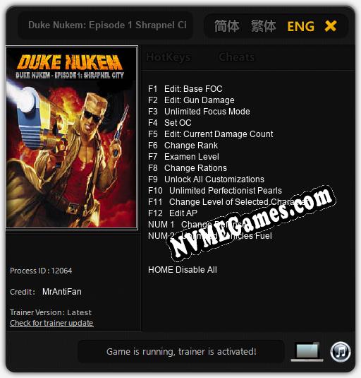 Treinador liberado para Duke Nukem: Episode 1 Shrapnel City [v1.0.6]