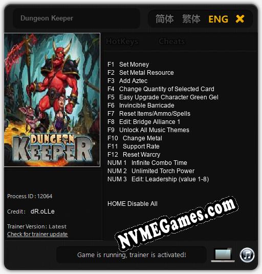 Treinador liberado para Dungeon Keeper [v1.0.7]