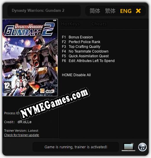 Treinador liberado para Dynasty Warriors: Gundam 2 [v1.0.3]