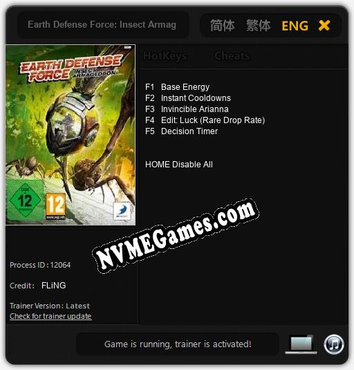 Treinador liberado para Earth Defense Force: Insect Armageddon [v1.0.7]