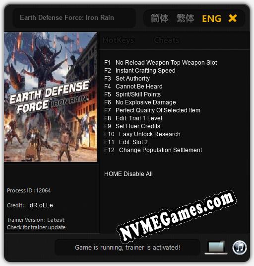 Treinador liberado para Earth Defense Force: Iron Rain [v1.0.8]