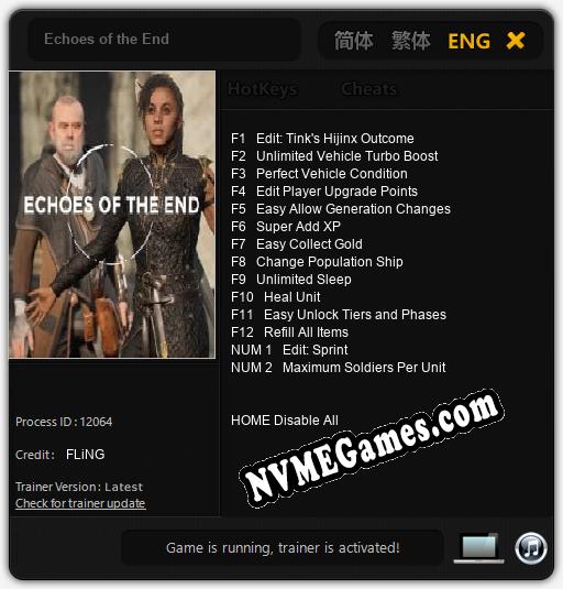 Treinador liberado para Echoes of the End [v1.0.9]