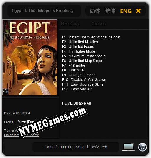 Treinador liberado para Egypt II: The Heliopolis Prophecy [v1.0.8]