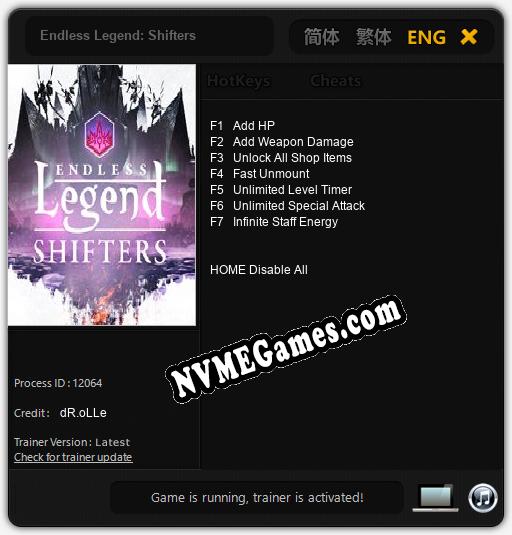 Endless Legend: Shifters: Treinador (V1.0.11)