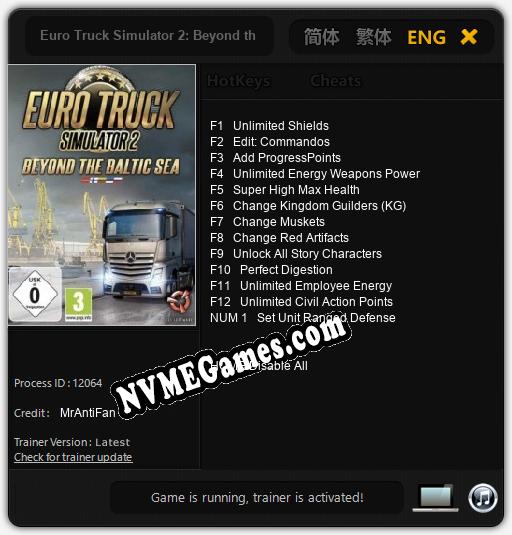 Euro Truck Simulator 2: Beyond the Baltic Sea: Treinador (V1.0.19)