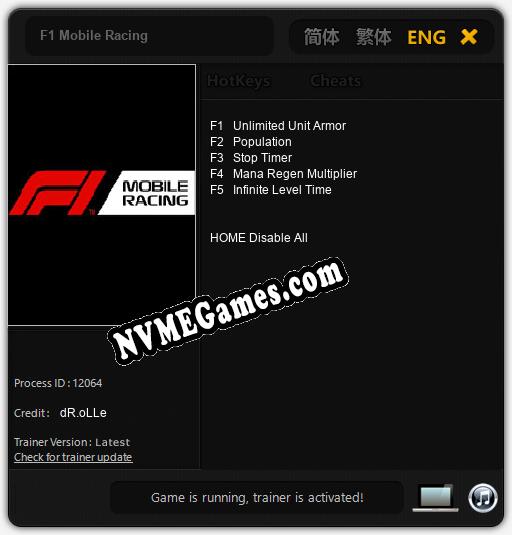 Treinador liberado para F1 Mobile Racing [v1.0.1]