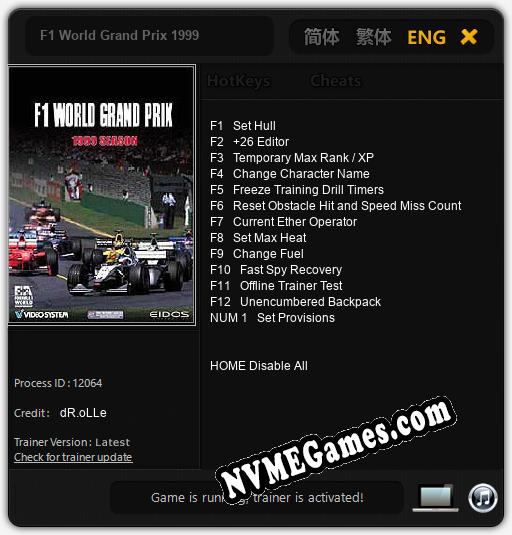 F1 World Grand Prix 1999: Cheats, Trainer +13 [dR.oLLe]