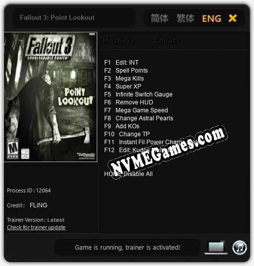 Fallout 3: Point Lookout: Treinador (V1.0.18)