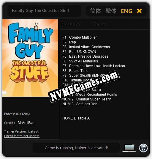 Family Guy The Quest for Stuff: Cheats, Trainer +15 [MrAntiFan]