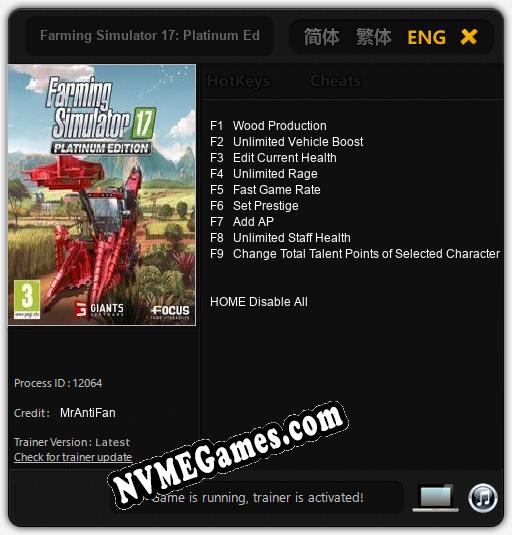 Treinador liberado para Farming Simulator 17: Platinum Edition [v1.0.9]