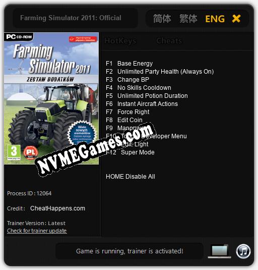 Farming Simulator 2011: Official Add-On: Trainer +12 [v1.7]