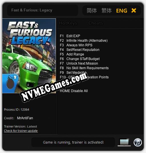 Fast & Furious: Legacy: Treinador (V1.0.21)