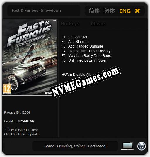 Fast & Furious: Showdown: Trainer +6 [v1.3]