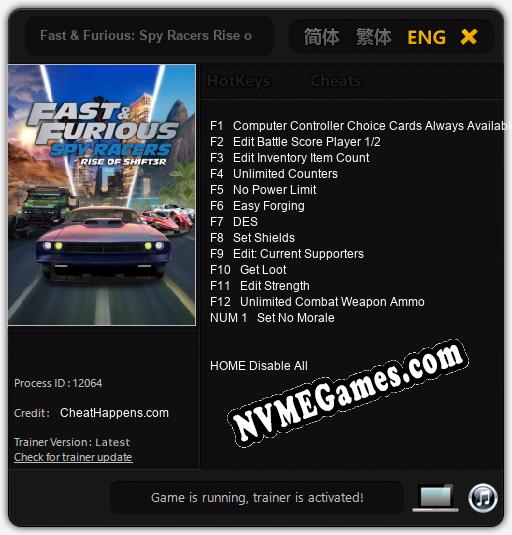 Fast & Furious: Spy Racers Rise of SH1FT3R: Trainer +13 [v1.4]