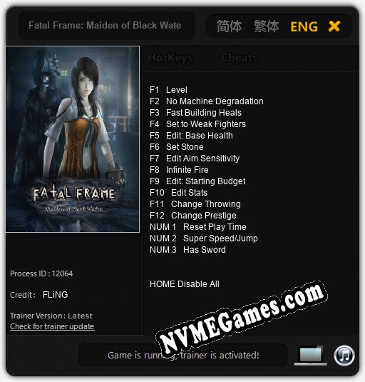 Treinador liberado para Fatal Frame: Maiden of Black Water [v1.0.9]