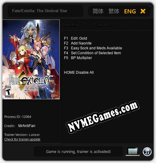 Fate/Extella: The Umbral Star: Treinador (V1.0.56)
