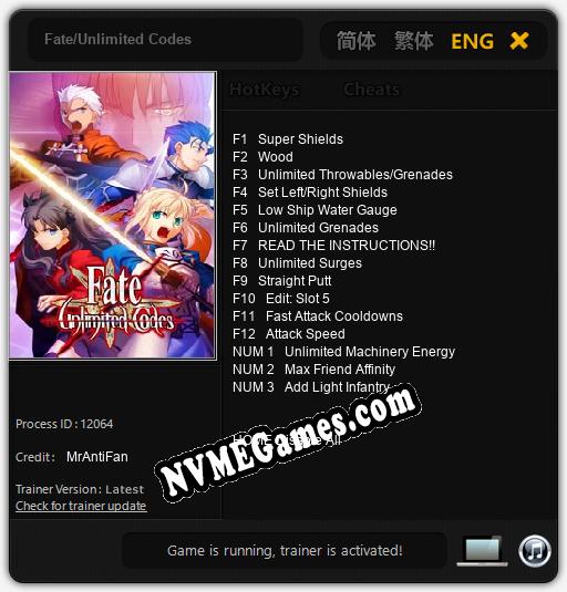 Treinador liberado para Fate/Unlimited Codes [v1.0.8]