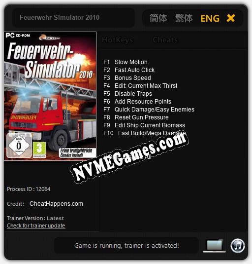 Feuerwehr Simulator 2010: Trainer +10 [v1.3]