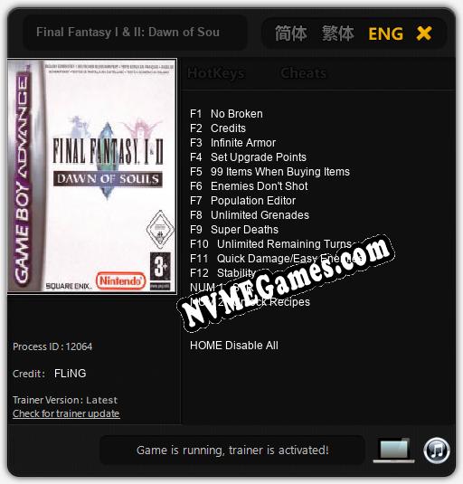 Treinador liberado para Final Fantasy I & II: Dawn of Souls [v1.0.8]