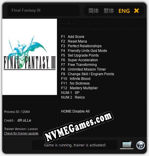 Final Fantasy III: Trainer +14 [v1.4]