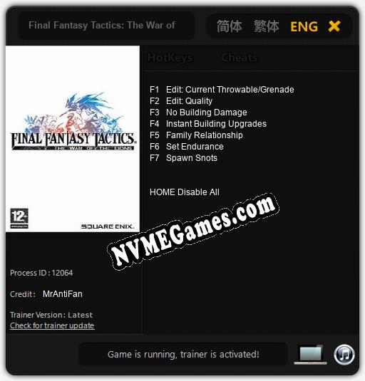 Treinador liberado para Final Fantasy Tactics: The War of the Lions [v1.0.3]