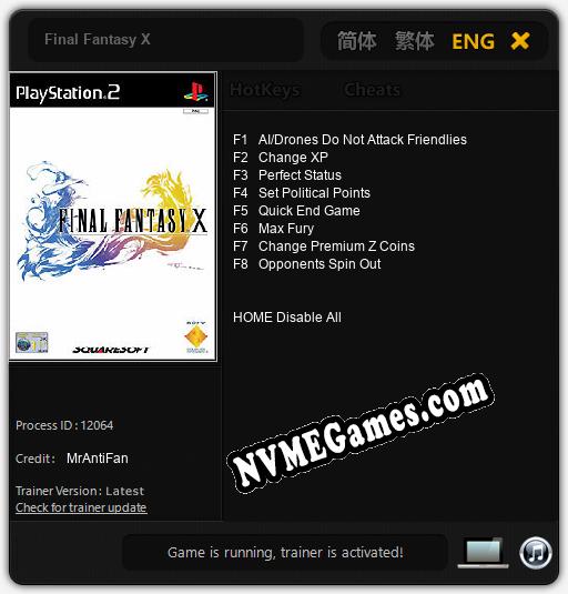 Treinador liberado para Final Fantasy X [v1.0.7]