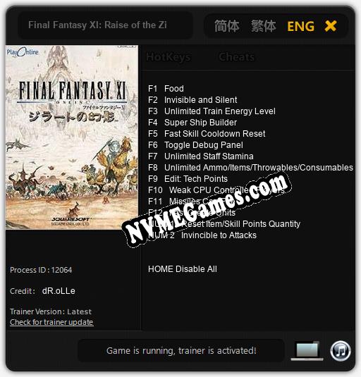 Treinador liberado para Final Fantasy XI: Raise of the Zilart [v1.0.5]