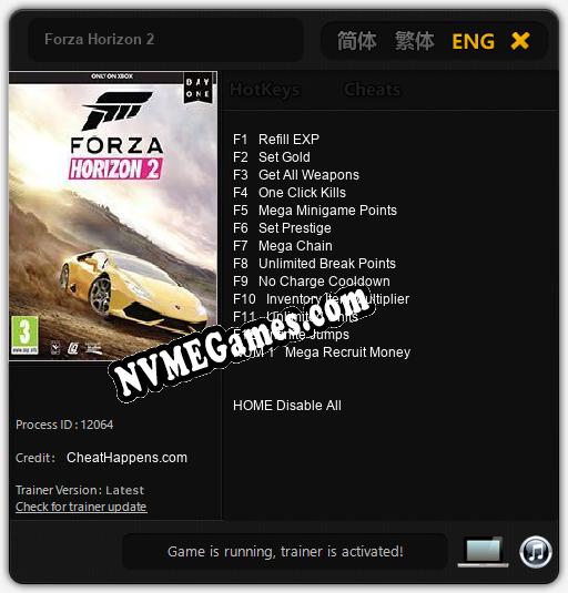 Treinador liberado para Forza Horizon 2 [v1.0.4]