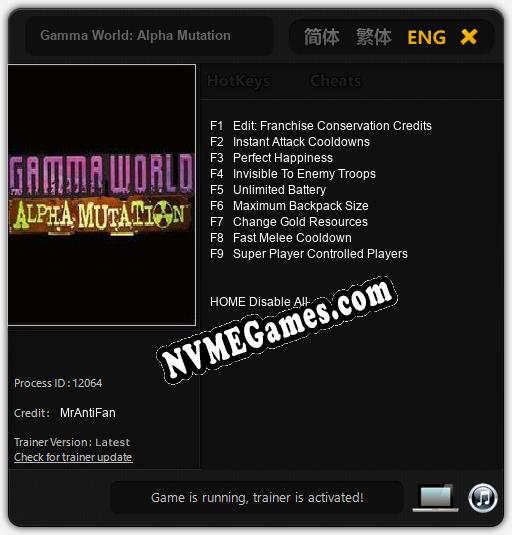 Gamma World: Alpha Mutation: Treinador (V1.0.99)