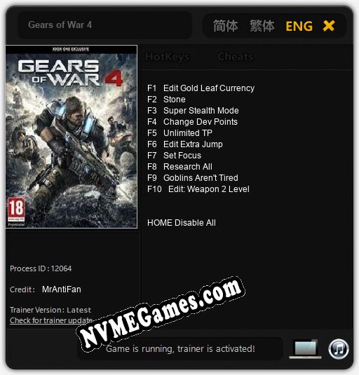 Treinador liberado para Gears of War 4 [v1.0.6]